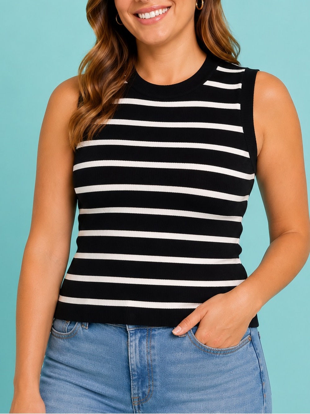 Petal & Pup Black White Striped Rib Knit Sleeveless Sweater Tank Top L
